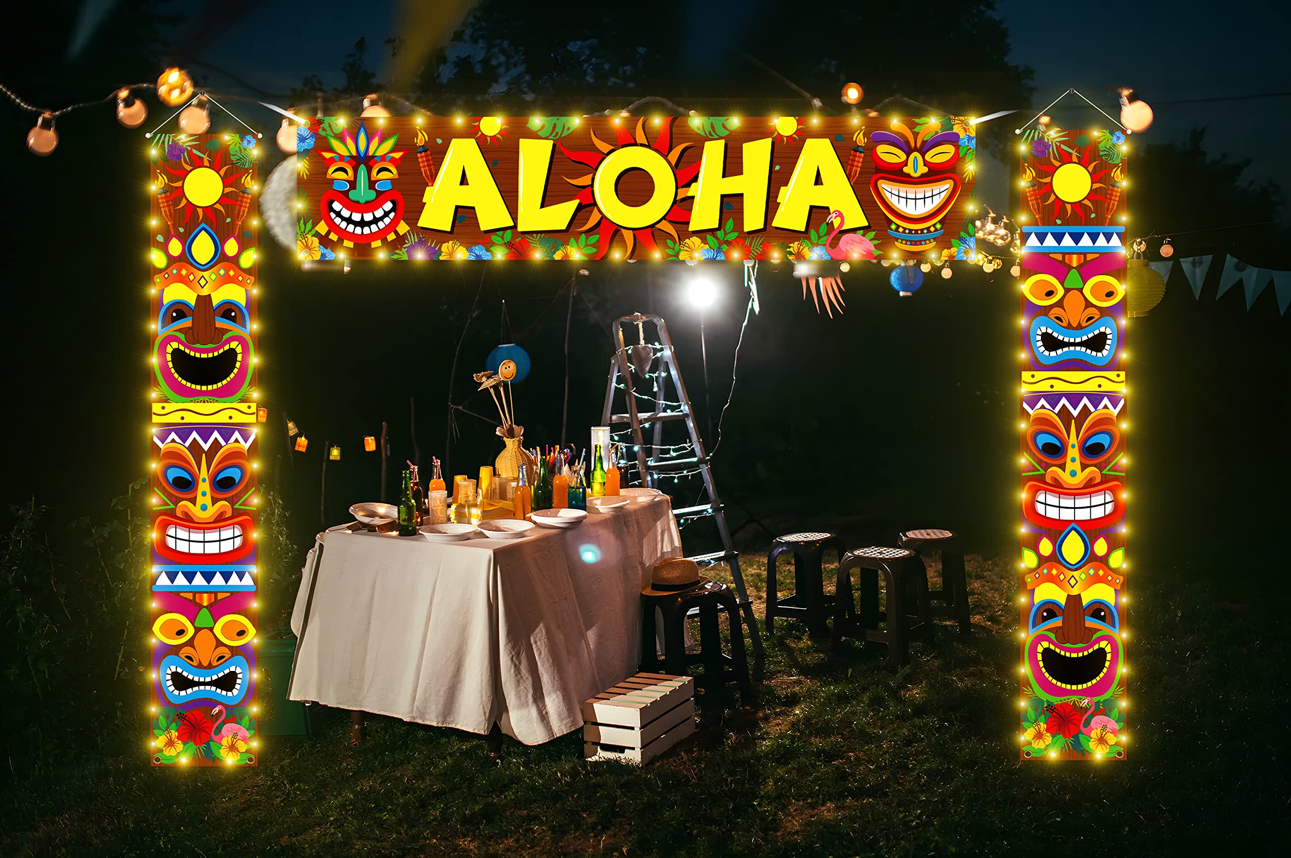 90shine 3PCS Hawaiian Luau Party Decorations Lighted Tiki Banners